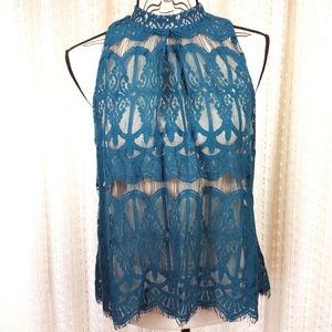 Love Fire Teal Lace Overlay Mock Turtle neck Top Size Medium